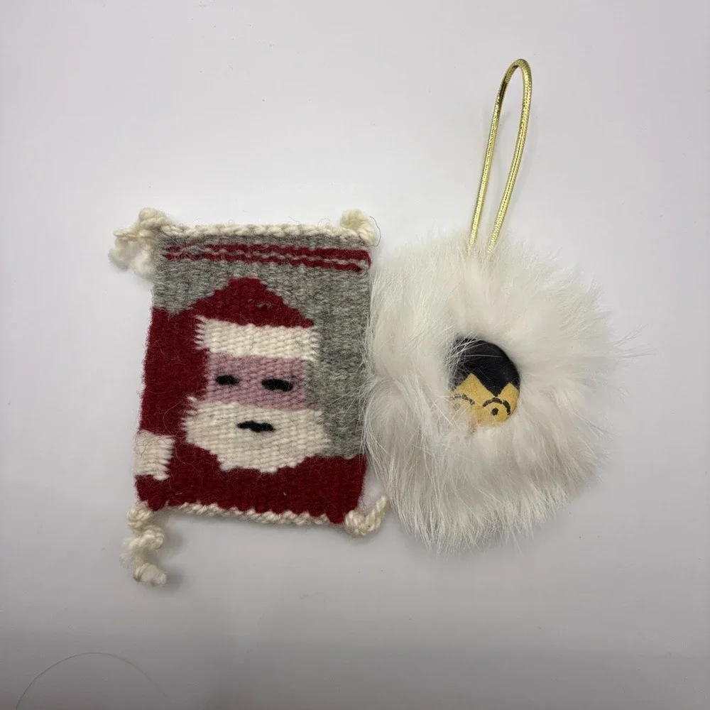 Alaska Artisan Hand Crafted Leather Fur Eskimo Ornament & Woven Santa Blanket